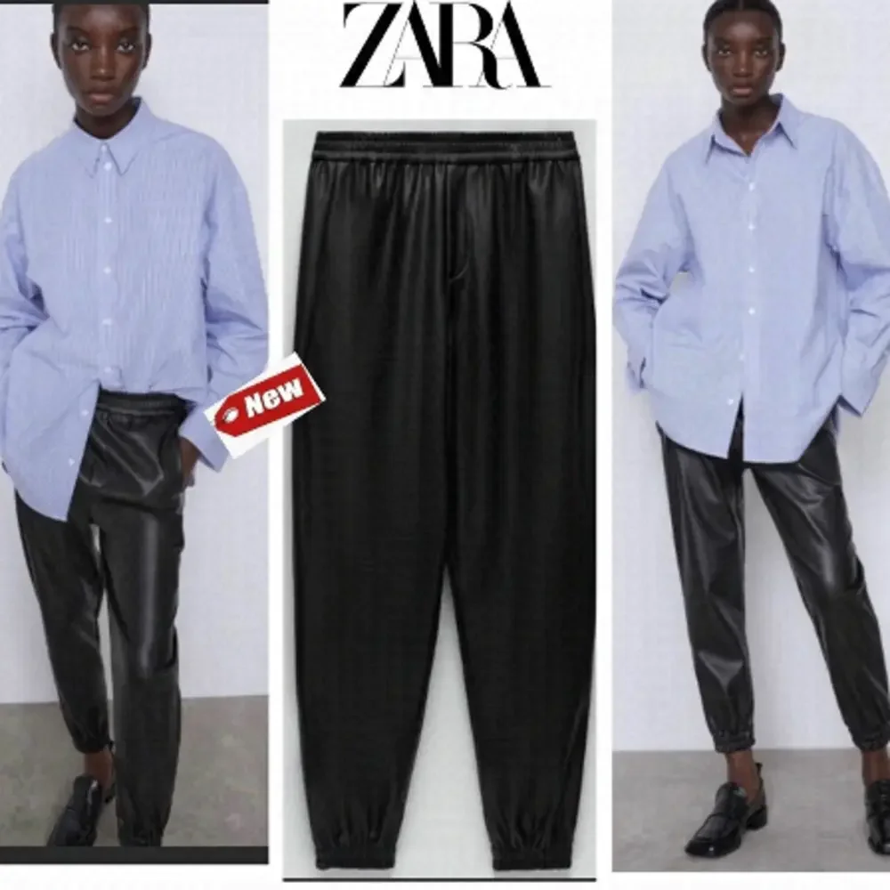 Zara black faux leather vegan joggers pull on Sz M NWT - Picture 1 of 13